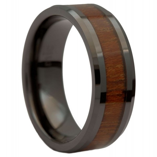 MJ 8mm Black Ceramic Wedding Band Natural Acacia Koa Wood Inlay Comfort Fit - CR11TITQ6A3