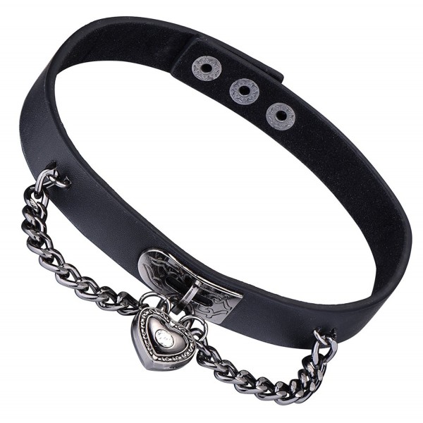 Gothic Heart-shape Lock Chain Black Leather Choker