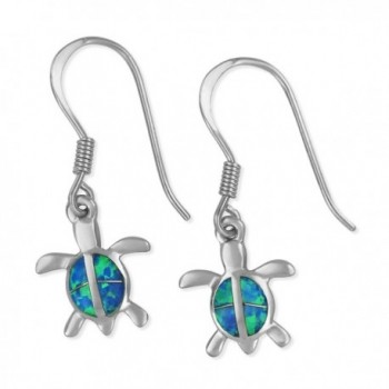 Sterling Silver Synthetic Blue Opal Turtle Dangle Earrings - CX11MBPHRKP