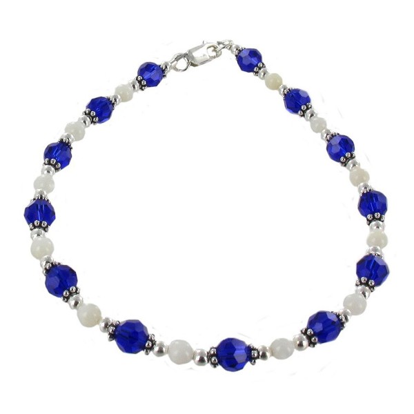 Womens Cobalt Blue Czech Fire Polished Glass- Mother of Pearl & Sterling Silver Anklet w/ Daisies - C511CPAJKE1