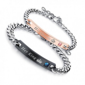 (Free Engraving)His Queen Her King Bracelet Stainless Steel Rose Gold&Black Couple Bracelet with Zircon - CW187MHNMLS
