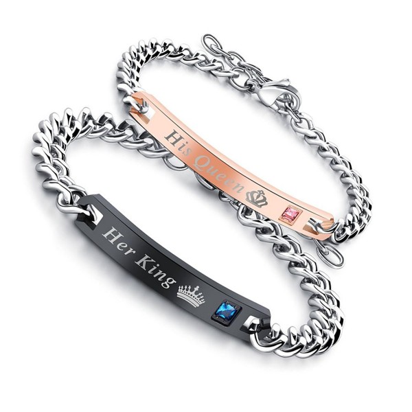 (Free Engraving)His Queen Her King Bracelet Stainless Steel Rose Gold&Black Couple Bracelet with Zircon - CW187MHNMLS