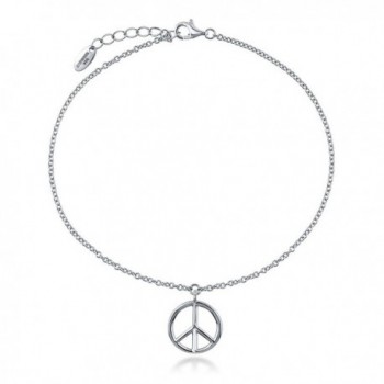 BERRICLE Rhodium Plated Sterling Silver Peace Sign Fashion Charm Anklet 9"+1" Extender - CW11WG3R6RL