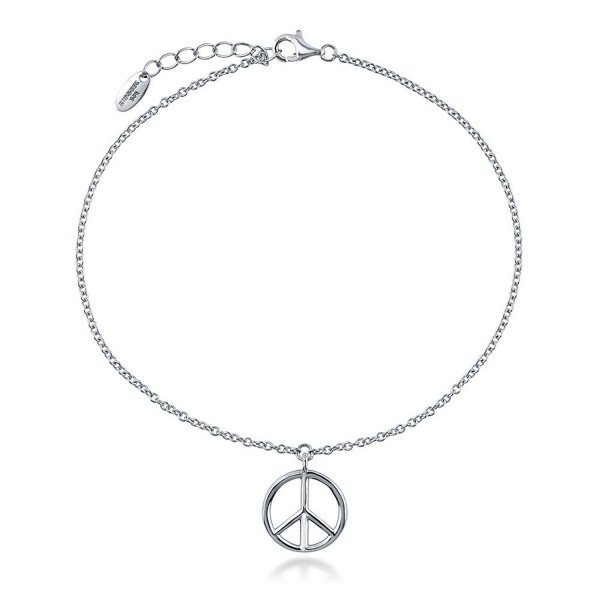 BERRICLE Rhodium Plated Sterling Silver Peace Sign Fashion Charm Anklet 9"+1" Extender - CW11WG3R6RL