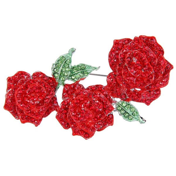 EVER FAITH Women's Austrian Crystal Enamel Romantic Blooming Rose Flower Leaf Brooch - Red Silver-Tone - CZ11BGDJEX1
