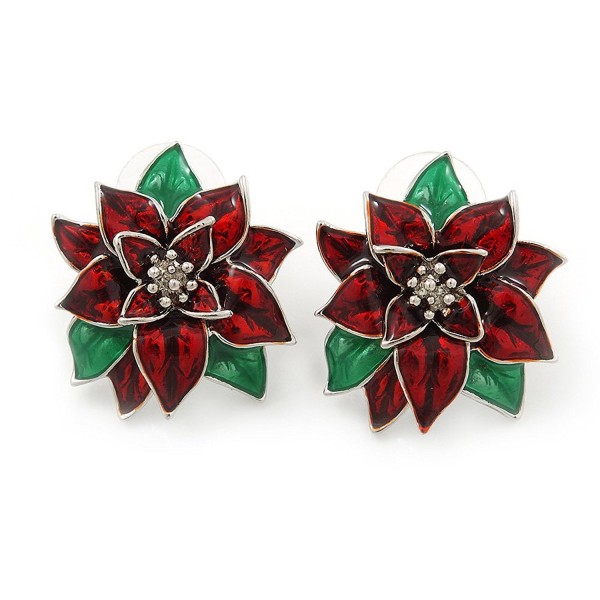 Christmas Dark Red/ Green Enamel Poinsettia Holiday Stud Earrings In Rhodium Plating - 25mm Diameter - CR11GU9R9PL