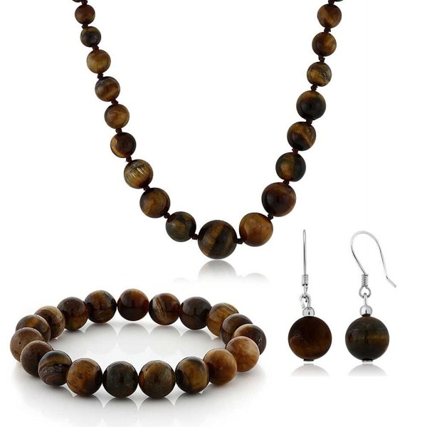 10mm Tiger Eye Brown Color Cross Cut Bead Necklace Bracelet and Earrings Set - CF1180MWKOB