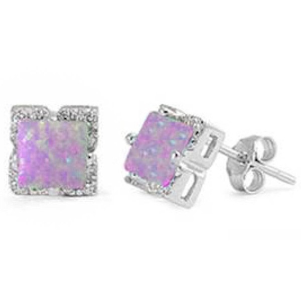Lab Created White Opal Square Stud .925 Sterling Silver Earring - Pink Opal - CO12DLOXDJ3