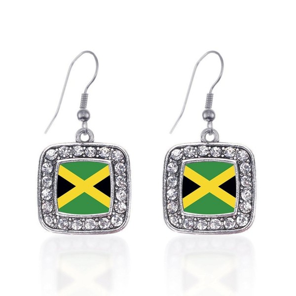 Inspired Silver Jamaican Flag Classic Charm Earrings Square French Hook Clear Crystal Rhinestones - CS124J2S841