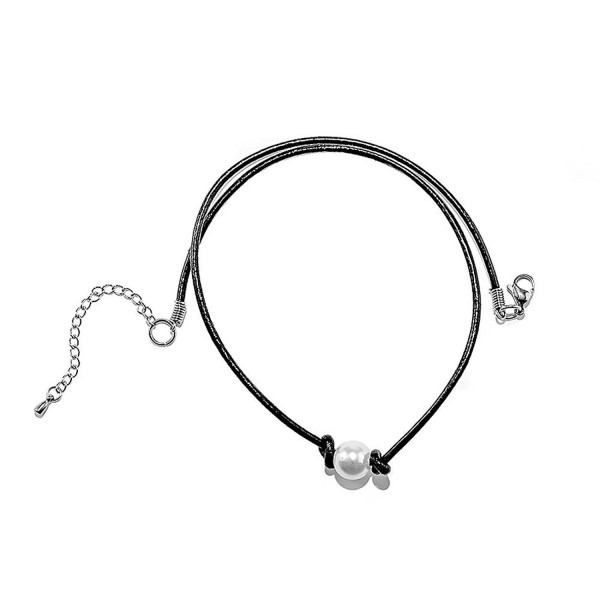 Womens Single Pearl Necklace Choker Pendant on Genuine Black Leather Adjustable Cord - Handmade - CM18838IQ23
