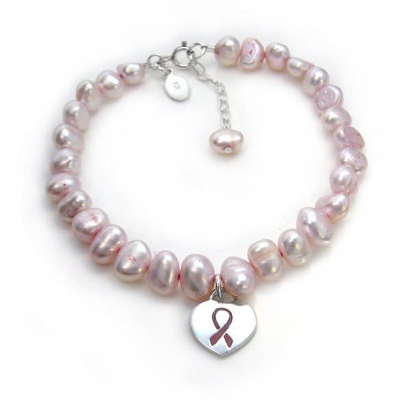 Sterling Silver Pink Ribbon Heart Charm Cultured Pearl Bracelet- Adjustable 7.5" - 8.5" - C811FW5ZYOH