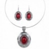 Yazilind Tibetan Silver Ethnic Oval Red Turquoise Pendant Statement Bib Necklace Earrings Jewelry Set - Red - C411LOFATVL