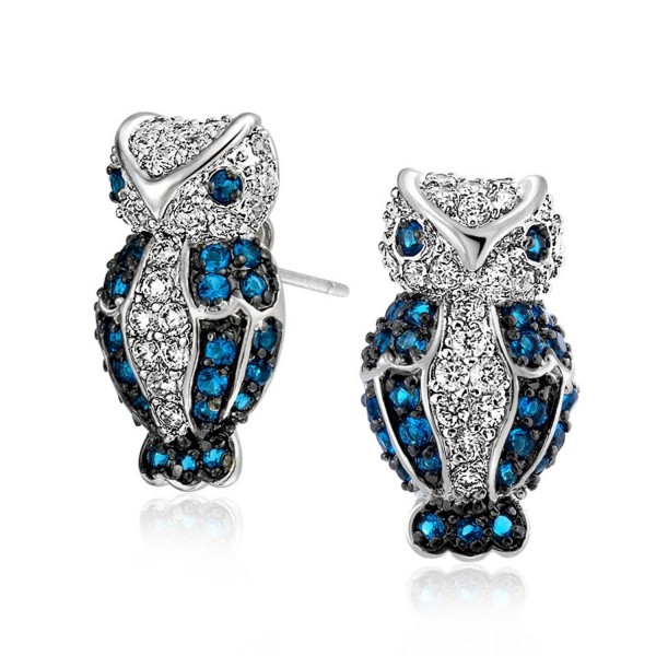 Bling Jewelry Simulated Sapphire CZ Owl Pave Stud Earrings Rhodium Plated - CW119T7B9VB