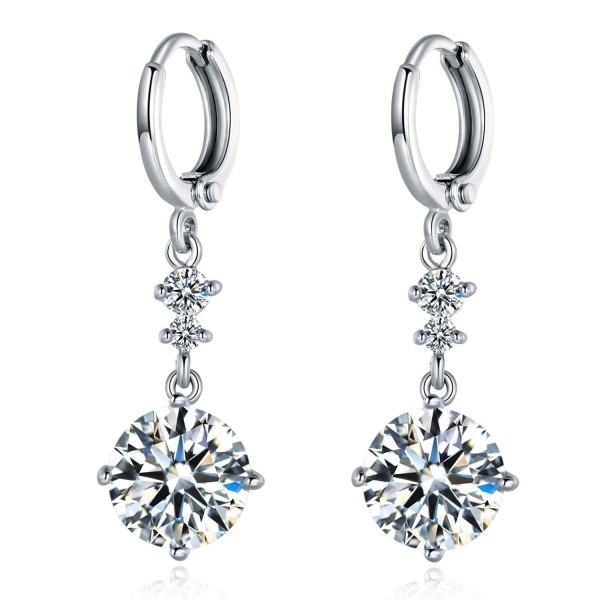 MASOP White Gold Color Round Crystal Long Drop Dangle Earrings for Women Girls Leverback - White - C317Z73G75A