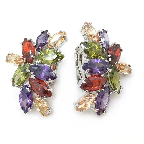 Sparkly Bride CZ Clip On Earrings Multi Color Marquise Cluster Women Fashion - CN12F2VNT8D