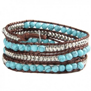 UNIONTOP Natural Turquoise Bead Genuine Leather Bracelet- 4 Wraps- 6mm/bead - CU12F2LF4VD