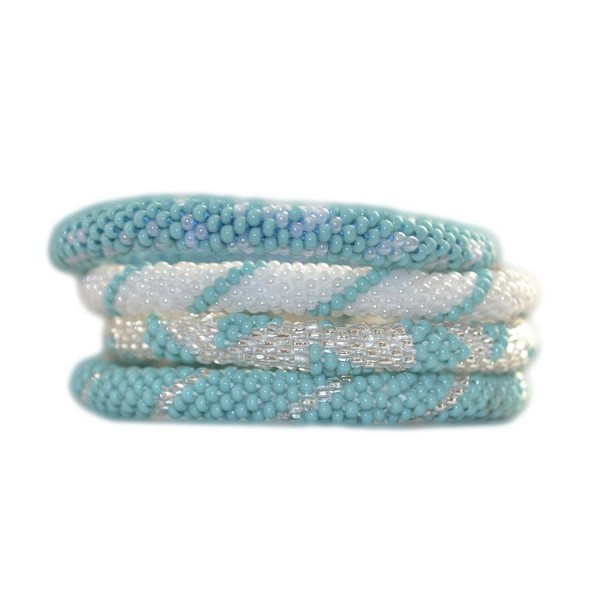 Turquoise Blue- Silver and Ivory White Beaded Bracelets Set- Roll on Your Wrist- BS57 - C111J0S10CH