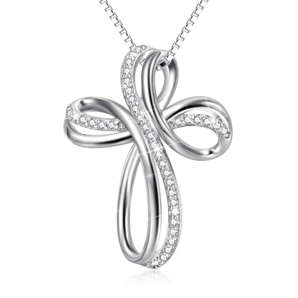 Sterling Silver Cubic Zirconia Loop Infinity Cross Pendant Necklace 18"Box Chain - C21895320S3