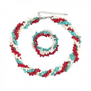 18" Strands Coral Cultured Freshwater Pearl Simulated Turquoise Twist Necklace + Bracelet - CN11NQSKXS9