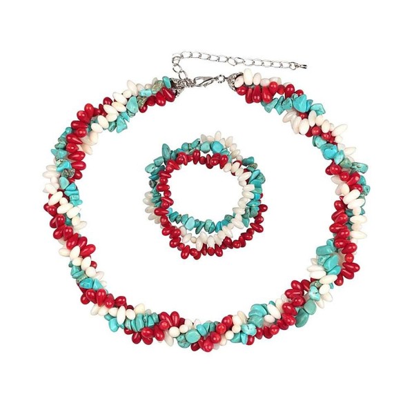 18" Strands Coral Cultured Freshwater Pearl Simulated Turquoise Twist Necklace + Bracelet - CN11NQSKXS9