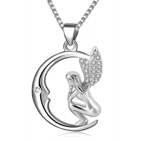 Long Way 925 Sterling Silver Moon Guardian Angel Wings Pendant Necklace for Girls Women - CT1856EX5TA