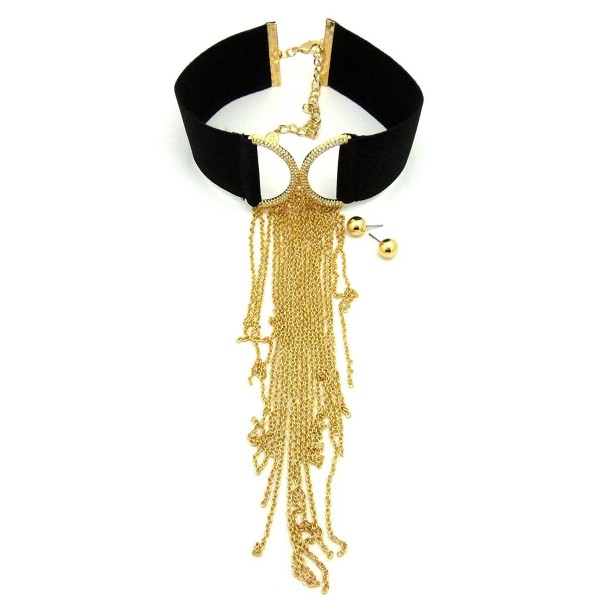 Women's Wide Black Choker with Long Link Chain Tassel Necklace & Earring Set (Various Style Available) - CV12H6TCY8F