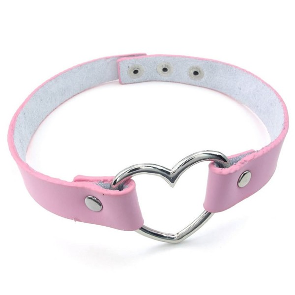 KONOV Womens Leather Choker Necklace- Grils Punk Goth Emo Heart Collar Choker Chain- Pink Silver - CN127L12MNP