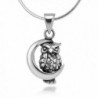 925 Oxidized Sterling Silver Tiny Little Owl with Crescent Moon Pendant Necklace- 18 inches - CO11V0OJU0D