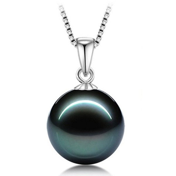 L'vow 12mm White or Black Pearl Pendant Necklace Set Sterling Silver Chain - CY12878M3X5