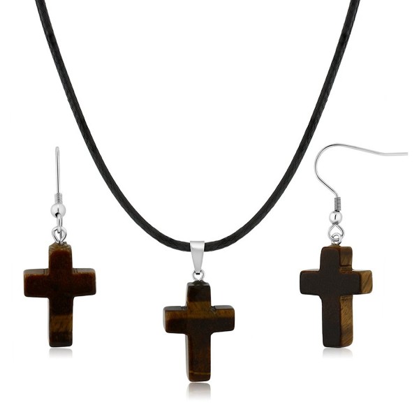 Gorgeous Tigers Eye Cross Necklace Set With Matching Tigers Eye Stone Earrings - CU12CNSFLHZ