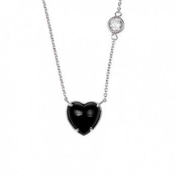 Sterling Silver White Cubic Zirconia Black Onyx Stone Heart Shape Rhodium Plated 18" Pendant Necklace - CG12KJNZXPL