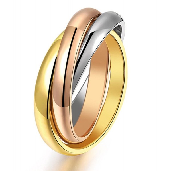 Women's 316L Stainless Steel Tone Interlocked Rolling Wedding Band Rings-Tri color:Gold-Silver-Rose - CN128916WT1