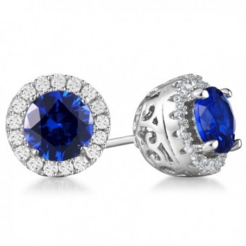 Vibrille 6mm Round Created Blue Sapphire Sterling Silver Stud Earrings for Women with Cubic Zirconia Halo - CY185ZHSEKX
