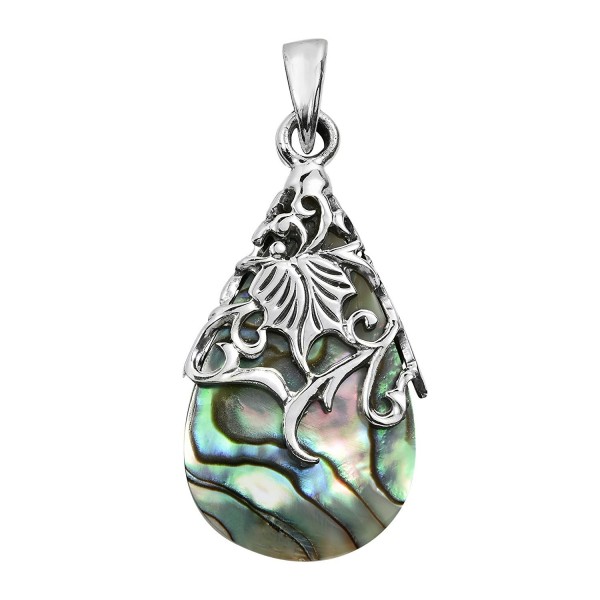 Vintage Vine Adorned Abalone Shell Teardrop .925 Sterling Silver Pendant - CL11HDR4MPT