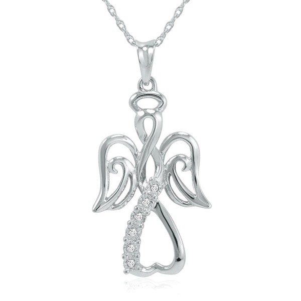 Winged Angel Open Heart Diamond Pendant-Necklace in Sterling Silver 18" Chain - CX116XZ3XU7