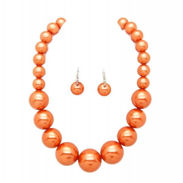 Women's Large Big Simulated Pearl Statement 18" Necklace and Earrings Set - Peach - CW180ADI68K
