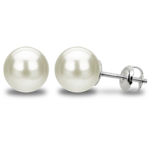 Sterling Silver Round White Freshwater Cultured High Luster AAA Pearl Screw-back Stud Earrings - C512OCWTMUX