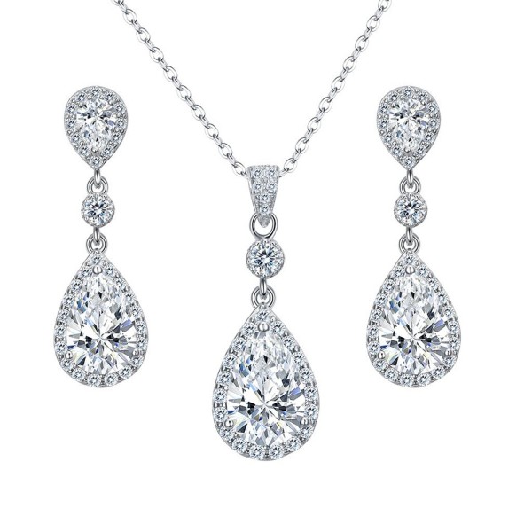 EleQueen 925 Sterling Silver Full Cubic Zirconia Teardrop Bridal Pendant Necklace Dangle Earrings Set - Clear - CV182GLIWG8