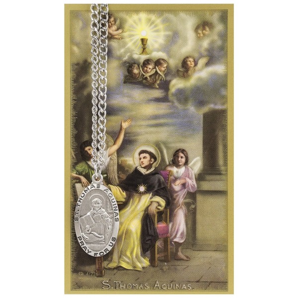 St. Thomas Aquinas 1-inch Pewter Medal Pendant Necklace with Holy Prayer Card - CZ117J9JB9D