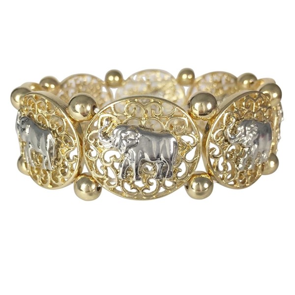 Elephant Gold Tone & Silver Tone Filigree Disk Boutique Stretch Bracelet - CD1217JEWA7