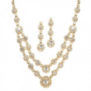 Mariell Regal Gold Two-Row Rhinestone Crystal Necklace and Earrings Set for Prom- Brides and Bridesmaids - CM122YON8LJ