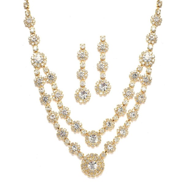 Mariell Regal Gold Two-Row Rhinestone Crystal Necklace and Earrings Set for Prom- Brides and Bridesmaids - CM122YON8LJ