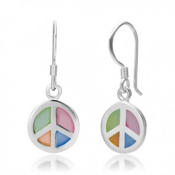 925 Sterling Silver Multi-Colored Mother of Pearl Shell Peace Sign Round Dangle Hook Earrings - CI116I1LB73