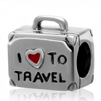 I Love To Travel Charm Solid 925 Sterling Silver Suitcase Charm with Red Enamel Heart for Bracelet - C112GEC3Q0P