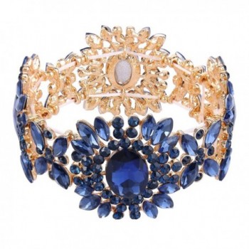 EVER FAITH Women's Austrian Crystal Bridal Flower Elastic Stretch Bracelet - Navy Blue Gold-Tone - CZ12O7MLABP