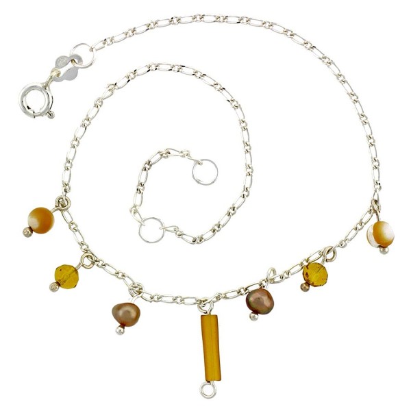 Sterling Silver Anklet Natural Brown Pearls Citrine Beads- adjustable 9 - 10 inch - CO113EOMY37