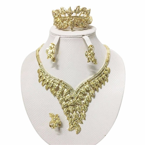 Moochi 18K Yellow Gold Plated Crystal Embedded Leaf Shape Scarf Necklace Jewelry Set - C312O05V7MF
