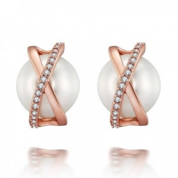 Caperci Rose Gold Plated Cubic Zirconia and Pearl Criss Cross Stud Earrings for Women - C8122P1KUPX