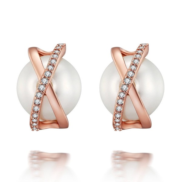 Caperci Rose Gold Plated Cubic Zirconia and Pearl Criss Cross Stud Earrings for Women - C8122P1KUPX