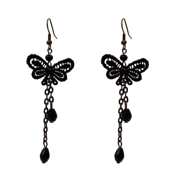 RareLove Lolita Black Lace Butterfly Beads Fringe Dangle Earrings For Women - Black - C112DUA53B3